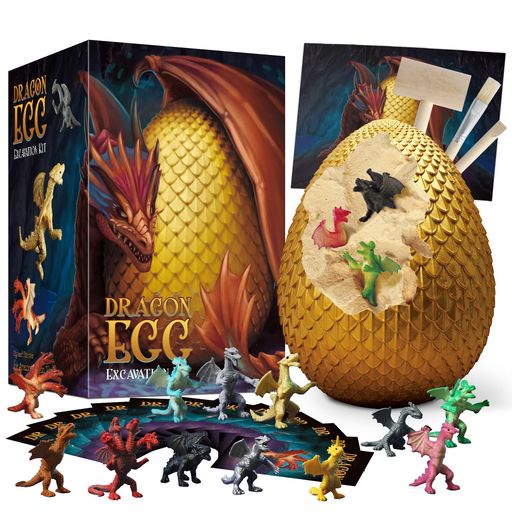 Rakuten - Eggbox恐竜発掘キットドラゴンの卵おもちゃ–黄金の恐竜の卵発掘セット12種類ドラゴン学習カード付きハンマー・ノミ・ブラシ入り子供向け科学実験玩具男の子女の子プレゼントdragonシリ…