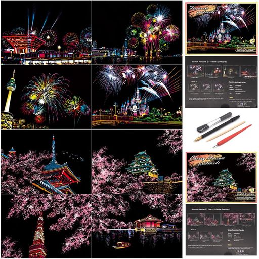 樂天商城 - Lakymisy8枚セットスクラッチアートラッチボードA5サイズはがきタイプカラフラペーパーアート面白い塗り絵満咲の桜花火お絵描き削るだけで美しいアート子供誕生日プレゼント部屋飾りス…