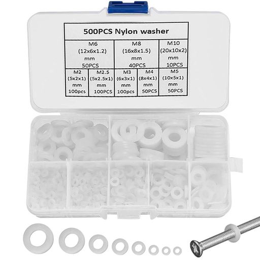 平座金500pcナイロンフラットワッシャー絶縁ワッシャ密閉性、絶縁性が良いナイロンワッシャーワッシャーセットM2/M2.5/M3/M4/M5/M6/M8/M10収納ケース付き(ホワイト)
