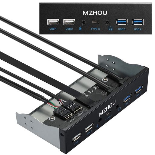 Mzhou USB2.0 + 3.0金属フロント、5.25インチ19Pinフロントパネルアダプター、4つのUSB 3.0ポートハブおよび(1HDオーディオポート/1TPY-Cポート/1マイク入力)