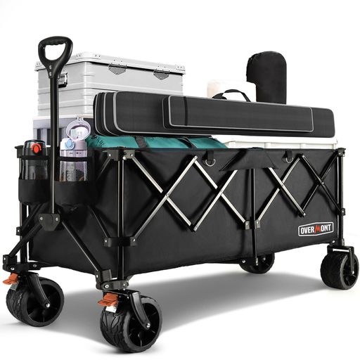 Overmontキャリーワゴン特大容量300Lアウトドアワゴン耐荷重200kgベアリング付き荷室加長キャリーカートキャンプカート長物対応大型タイヤブレーキ付き折りたたみキャンプ用品荷物運び大…