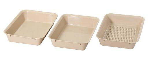 製品サイズ:(約)ザル/幅25x奥行17.5x高さ4.5cm、トレー/幅25x奥行17.5x高さ5cm、容量:トレー/1.5L 製品重量:(約)0.321kg 原料樹脂:ポリプロピレン(耐熱温度140度、耐冷温度-20度) 生産国:日本
