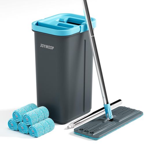 JOYMOOPモップとバケツセット絞り器付き再利用可能なマイクロファイバーモップパッド5枚付き床掃除と壁掃除用モップ家庭用ハンズフリーフラットモップ-グレー+シアンブルー