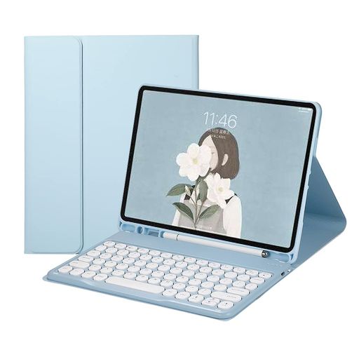 iPadAir11インチ(M2)(M3)キーボード付きケースiPadAir4/Air5兼用bluetoothキーボードカバー丸型キーペンシル収納分離式全面保護ブルー