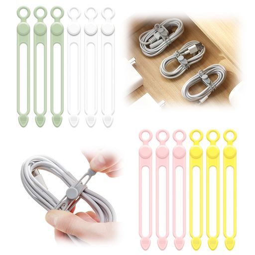 【巻き付けタイプ・自由に調整・超便利】ケーブルクリップコードクリップケーブルバンドコードまとめるコード纏める結束バンド繰り返し(黄·緑·白·桃色12本)
