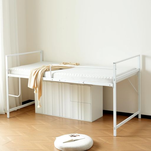 【ホワイト·高さ110cm】OSJロフトベッドパイプベッドシングルシステムベッドロータイプ収納北欧風大人一人暮らしスチール耐震ベッド