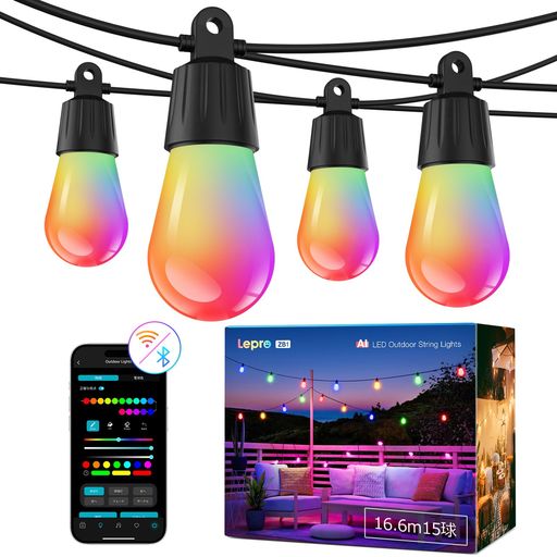 【商品仕様】ケーブル全長:16.6m │ LED電球数:15個(最大30球を接続) │ 電球形状:S14 │ 光色:電球色+RGB色 │ 全光束(明るさ):700lm │ 給電:DCアダプター │ 防水:ケーブルとライト部分はIP65防水仕様(アダプターは非防水仕様) │ パッケージ内容:ストリング16.6m15球*1、コントローラー*1、アダプター*1、説明書*1 │ 【ご注意】製品を利用するために、「Lepro」アプリでアカウント登録要(アプリ制御の製品で、リモコンは付属しておりません) │ ※接触不良を防ぐために、ケーブルの接続部分を正しく合わせてしっかり押し込み、きつく締めてください。 【Lepro LightGPM 4 - あなただけのAI照明デザイナー】AIの時代、従来の照明はもう古いものです。LightGPM 4は、あなたがお気に入りの色や効果を教えるだけで、それをしっかりと記憶します。使えば使うほど、あなたの好みに合わせて照明デザインが進化していきます。あなただけのAI照明デザイナーが、空間を理想の雰囲気に変えていきます。 【進化するAIで音声操作-誰でも簡単】面倒なプリセット選びは不要です。