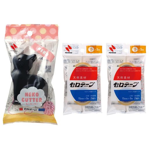【本体テープサイズ】幅15mmx8m巻(1巻) 【詰替用テープサイズ】幅15mmx9m巻(2巻入x2個/計4巻) 【基材】セロハン 【粘着剤】ゴム系 【厚さ】0.05mm 【カッター形】ネコ 【カッター色】クロネコ