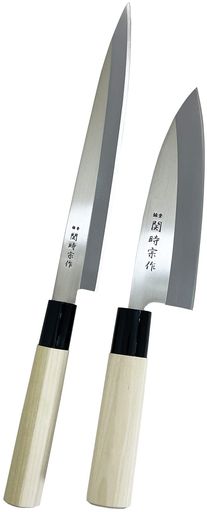 サイズ(約):刺身包丁/33x3.9x1.9cm (刃渡り20.3cm)、出刃包丁/28.5x4.5x2.1cm (刃渡り15.6cm) 本体重量(詳細):刺身包丁/(約)0.081kg、出刃包丁/(約)0.129kg 素材・材質:刃部/ステンレス刃物鋼、柄部/朴の木 生産国:日本