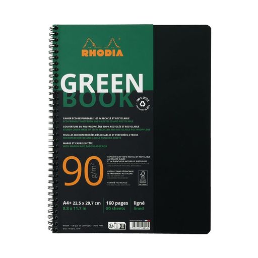 ロディアからサスティナブル商品として新たに加わった「グリーンブック」 紙は無漂白のリサイクルペーパーにもかかわらず高白色、カバーの表紙も100%リサイクルポリプロピレン サイズ:A4 罫線:横罫 ページ数:160ページ 用紙:紙重量90g/m2