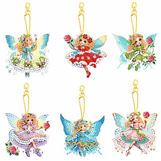 [MEGZIHXN]5DDIYダイヤモンドアートキーホルダー子供用6枚入蝶の妖精花の妖精ペイントダイヤモンド数字によるキットきらきら光る手工芸品アートクラフトセット男の子女の子初心者用
