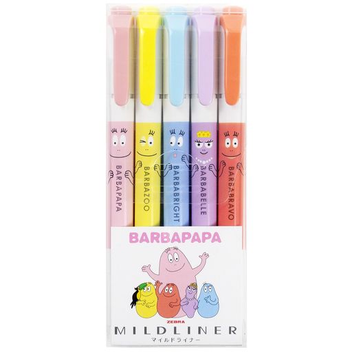 ゼブラの人気商品「マイルドライナー」とコラボ商品が新柄が登場! カラー:マイルダスティピンク・マイルドレモンイエロー・マイルドブルー・マイルドライラック・マイルドバーミリオン 線の太さ:太4mm/細1.0~1.4mm 水性顔料