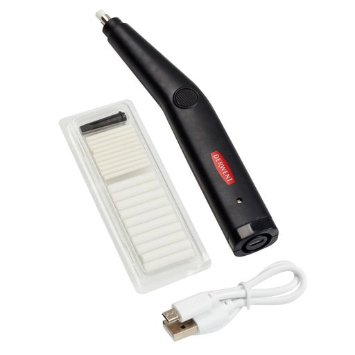 500mAhのリチウムイオンバッテリーが内蔵 USBで充電が可能 USB充電リードと20個の消しゴムのリフィル込み 機能ボタンは、必要に応じてオン/オフ可能な設計 円形モーターの動きで非研磨性