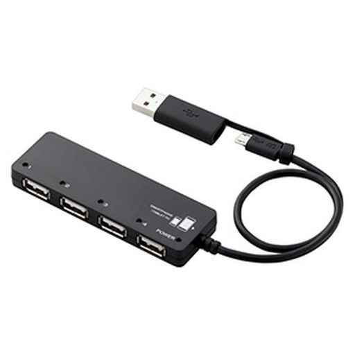 microBコネクタを搭載し、スマートフォンやタブレットPCで使用できるUSBハブです。 付属の変換アダプタを利用することで、パソコンでも使用可能です。 USBホスト機能に対応したスマートフォン/タブレットPCに対応しています。 USB機器を接続しやすいサイドポートタイプで、4つのUSB機器を接続可能です。 各ポートごとに通信状態を確認できるLEDランプが付いています。