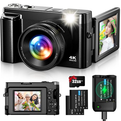 Oiadekデジタルカメラ4K4800万画素デジカメ32GBマイクロSDカード付きバッテリー充電器付きオートフォーカス機能180度回転可能ディスプレイ16倍ズーム手振れ補正ウェブカメラ自撮り便利3イン…