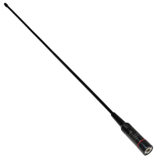 SMA-P型接栓のフレキシブルホイップアンテナ 対応周波数帯:120/300MHz(エアバンド受信専用) 形式:1/4λ(120MHz) 1/2λ(300MHz) ゲイン:2.15dBi 最大出力:20W インピーダンス:50Ω アンテナの長さは約47cm、重さは約35gです。 アイコム、アルインコ、スタンダードの一部分の無線機に対応します。