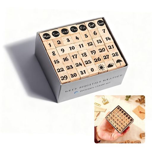 CHANGJIQ木製スタンプ42個セットはんこ印鑑ハンコ数字天気曜日ミニシンプル小さいボックス入り基本デザ..