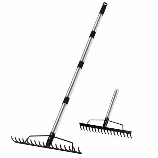 HeGeedレーキ熊手ガーデンレーキ伸縮レーキ長さ調節可能87.5cm-167cmステンレス柄付スチール17爪メタル..