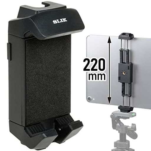 70mmから最大220mm幅までのスマホ・タブレットの取付が可能となったワイドタイプタブレットホルダー 【4段階の高さ調節機構を搭載】お持ちのタブレット、スマートフォンのサイズに合わせて幅の調整が可能(最大220mm幅まで) 【U1/4三脚取付ネジを2か所に装備】使用場面に合わせて自在なセッティングが可能 【アクセサリークイックシューを装備】LEDライトやマイクを一緒に使用可能 全高: 250mm / 縮長: 95mm / 最大搭載重量: 500g