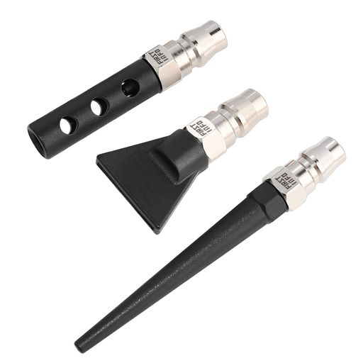 【用途】エアーホース用ノズル。コンプレッサーのホースに取り付け、バルブを回すだけでエアブローに使用できます。3種類のノズルがセットになっており、用途に応じた使い分けができます。 【一点集中ノズル】一点に集中して空気を噴出します。 【増風ノズル】周囲の空気を取り込んで2倍の空気量を吹き出します。 【幅広ノズル】帯状にエアーを噴出するため乾燥作業等に最適です。 【ノズル取付部】Rc1/4 【適応製品】市販のエアーホースに対応