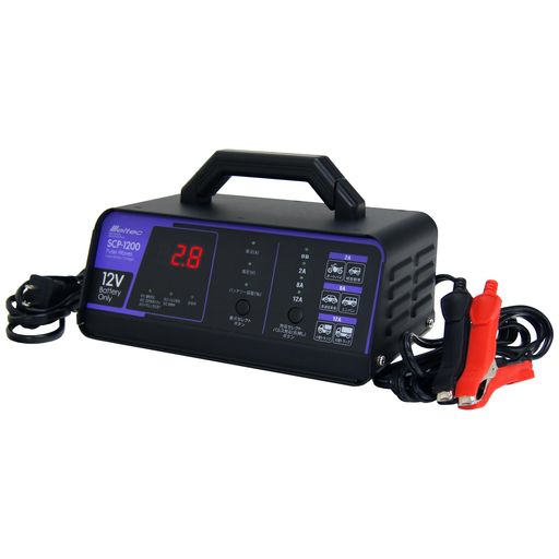 ●定格出力: DC12V/12A(最大電流)●充電選択電流数値: 2A・8A・12A●定格入力: AC100●適合バッテリー: DC12V(開放型・密閉型・AGM)鉛バッテリー ●適合バッテリー容量: 6~140Ah ●充電機能:全自動充電・パルス充電・トリクル充電(維持充電)・バッテリー診断●充電方式:定電流低電圧/オート充電方式●表示: LED表示(充電中・充電完了・パルス充電・診断中・逆接続)デジタル表示 ●保護機能:逆接続・バッテリー不良・電圧確認・過電流・高温・タイムオーバー●電源コードの長さ:約1.8m・充電コードの差がさ:約1.8m●保証期間:ご購入日から3年間(ただし、消耗品を除く) ●24V車(12Vx2個の直列接続)の場合はケーブルをはずし、12Vバッテリー単体で充電してください。