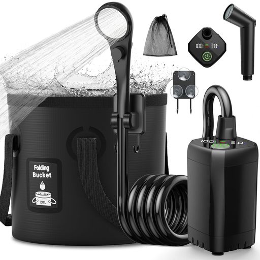 Mytrix ポータブルシャワー キャンプ用 6000mAh充電式 電動シャワー,20L折りたたみ式バケツ付 簡易シャワー