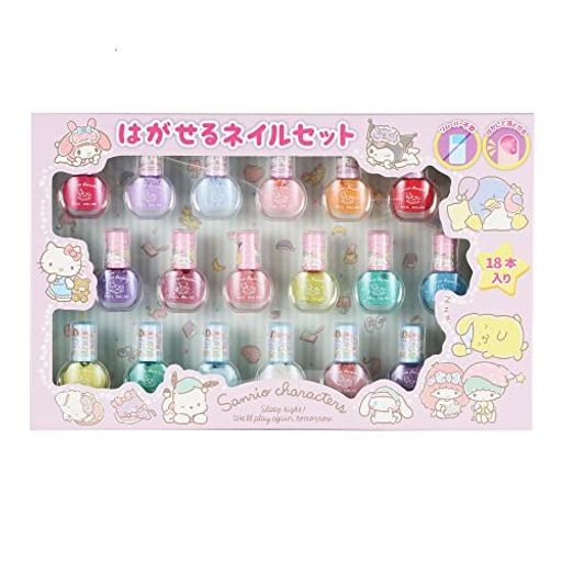 水溶性で発色がいい、簡単に落とせるネイル サンリオキャラクターズのコスメシリーズ「はがせるネイル18本セット」が登場です。 対象年齢:6歳以上 <セット内容>水溶性ネイルカラーx18色(各色1) パッケージサイズ:幅365x高さ230x奥行40(mm) (C)'22SANRIO(L)