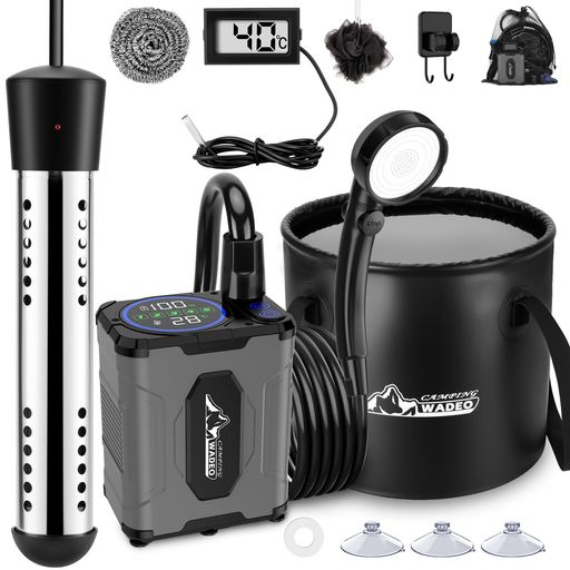 【意匠登録済み】PAHTTO ポータブルシャワー 電気給湯器 投げ込みヒーター 1500W 温度計付 プールヒーター 自動電源オフ 5段階水流調整 アウトドアシャワー 20L折りたたみ式バケツ付き キャ… hitcreations-10307890 HiT Creations パッケージ画像