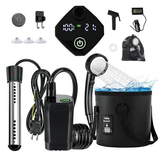 HAANA 【2026年新型】ポータブルシャワー セット 2000W電気給湯器+簡易シャワー+投げ込みヒーター 温度計+20L折りたたみ式バケツ+直射ヘッド+フック+Type-C+収納袋 プールヒーター 自動電源オフ… hitcreations-10309893 HiT Creations パッケージ画像