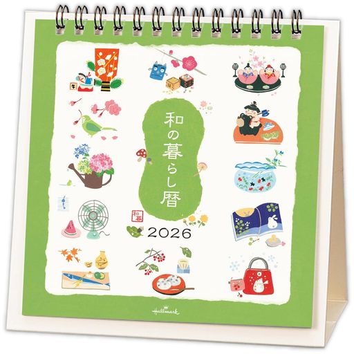 【サイズ】137x135x75mm 【枚数】表紙1枚 本文6枚 【仕様】両面印刷/ツインリング綴じ/六曜・二十四節気付き/祝日表記:日本語/12ヶ月絵柄情報シート1枚 【その他】デスクで使いやすい省スペースな卓上カレンダー。日本の四季にまつわるモチーフを描いた、和室にもなじむデザインです。