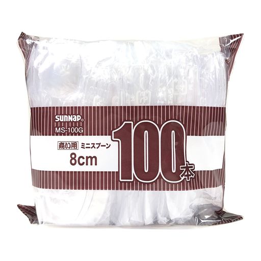 メーカー型番:100P 材質:プラスチック製(スチロール樹脂)・透明プラスチック 用途:プリン・ヨーグルト・デザートなどに便利な使い捨てミニ透明スプーン 特徴:1個づつ透明袋入りの為、清潔に持ち運びできます。 ブラント名: サンナップ(Sunnap)