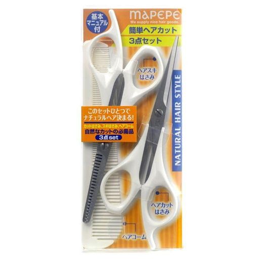 商品サイズ(幅x奥行x高さ):74mmx11mmx192mm 原産国:日本 内容量:3個入り ヘアカットはさみ、ヘアスキはさみ、カット用コームの3点セット。 はさみのハンドル部分は持ちやすく指にフィットする樹脂性。