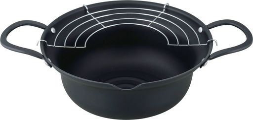 商品サイズ:約 幅36.8x奥行25.5x高さ10.1cm、重量:約836g 鍋の高さ:9cm 本体:鉄(シリコン樹脂塗装)、底の厚さ:1.2mm、アミ:鉄(クロムメッキ) 生産国:日本 満水容量:約2.6L、適正油量:約800g