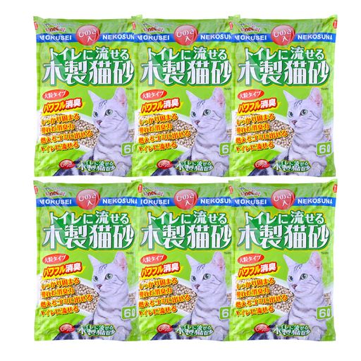 本体重量:2.3kg 本体サイズ (幅X奥行X高さ) :27x40x6.5cm 内容量:6Lx6個 原産国:日本 原料が木の粉だから、ご使用後は燃えるゴミとして処理できます。