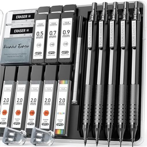 Four Candies 金属製シャープペンシル セット 0.5mm、0.7mm、0.9mm 各1本 & 2mm 2本 420本入りシャー芯(4B、2B、HB、2H、カラー) アート 製図 スケッチ 文房具セット ブラック hitcreations-10188825 HiT Creations パッケージ画像