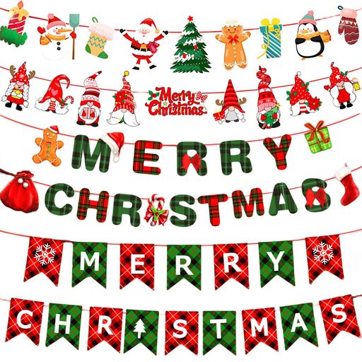 Garland - クリスマス飾り4種類セットクリスマスフラッグガーランドクリスマス吊り旗旗バナーMerryChristmas壁飾りメリークリスマス吊り紙サンタクロース雪だるまクリスマスツリーイベント店舗パー…