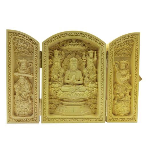 木彫り仏像【三開仏】(板形)大日如来【四天王:多聞天·広目天·増長天·持国天】彫刻ツゲ柘植◆開運・守り..