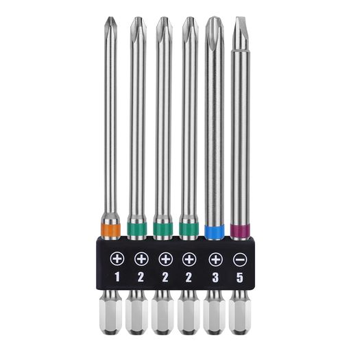 【商品仕様】サイズ:PH1x4mm(1本)、PH2x5mm(3本)、PH3x6mm(1本)、SL5x6mm(1本)。セット内容:6本組。全長さ:100mm。シャンク径:6.35mm。素材:クロムバナジウム鋼。硬度:HCR60プラスマイナス。 【高耐久ビット】高品質の工業用特殊合金鋼を鍛造し、熱処理技術を採用して、高硬度、トルク、靭性、およびより耐久性が実現します。 【カラーリング】カラーリングでサイズが分かりやすいです。ホルダー付き、ビット整理収納に便利です。ビットはマグネット入ります。狭所や届きにくい箇所に便利なロングタイプです。 【使用機種】充電式インパクトドライバー、充電式ドリルドライバー、コード式インパクトドライバー、コード式ドリルドライバーなどに適しています。 【幅広い用途】衝撃吸収、高耐久ビットで、トーション効果で長寿命達成します。PH1は一般的に小型家電に適しています、PH2は家庭用のネジや白物家電に適しています。