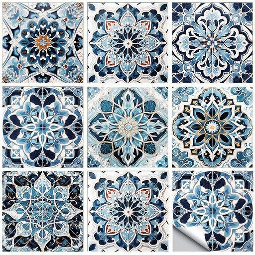 磁器タイルステッカー壁紙ステッカー10cmx10cm、20枚セットブルーのモロッコ風-壁に貼るモザイクタイルステッカー