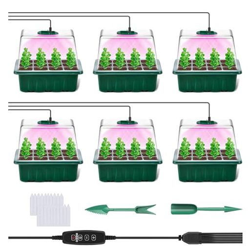 lanzoub育苗ポット育苗トレイ6個セット72穴植物育成ライト付き育苗箱種まきポットトレー高さ16cm透明カ..