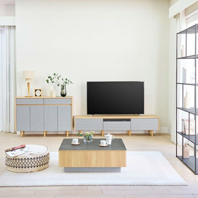 キャビネット 棚 白井産業 幅120cm 高さ86cm グレー ナチュラルブラウン 扉付 引出...