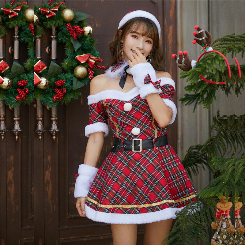 サンタ コスプレ サンタコス クリスマス サンタクロース コスチューム 衣装 5点セット セックシー 大人 かわいい チェック柄 クリスマス服 大きいサイズ セクシー サンタコスプレ サンタコスチューム クリスマスコスプレ ワンピース