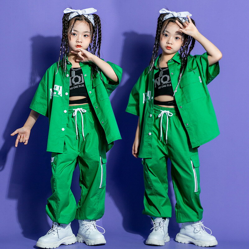 キッズ ダンス衣装 グリーン 緑 字母柄 キッズ ダンス衣装 セットアップ ヒップホ...