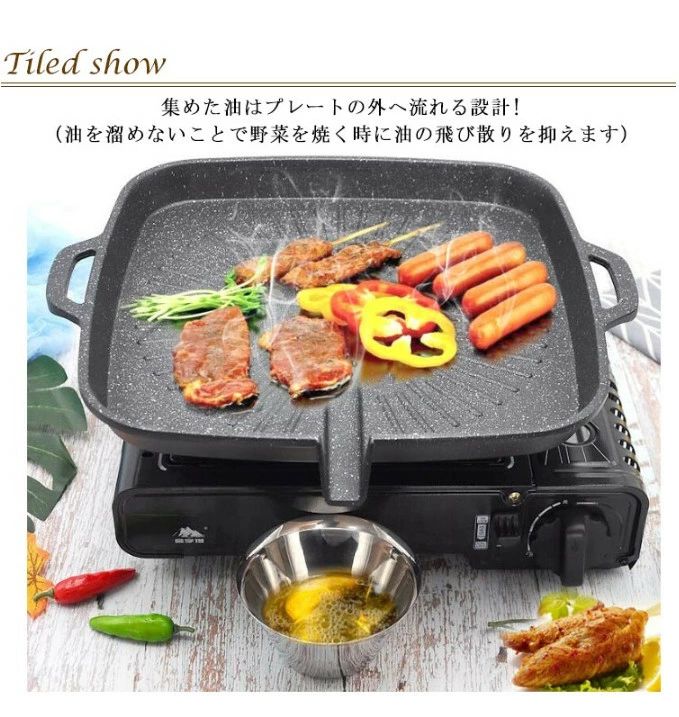 サムギョプサル 鉄板 ガス対応 焼肉 プレート 丸型 角型 鉄板 斜め 油の自動排出構造 サムギョプサル専用 プレート 溝付き 韓国焼肉 カセットコンロ 用 カロリーオフ キャンプ 焼き肉プレート 焼肉鉄板 BBQ バーベキュー 韓国料理 hitomi2020-10006785 カーペット・家電専門店HITOMI サンプル画像3