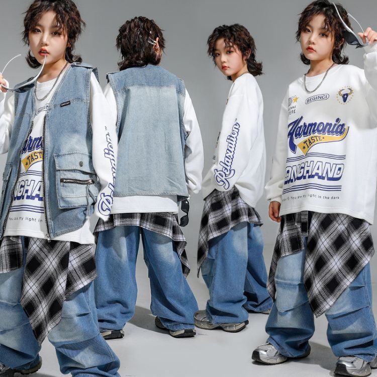 キッズダンス デニム レーシング ダンス衣装 子供服 ヒップホップ セットアップ トップス 長袖 ベスト ..
