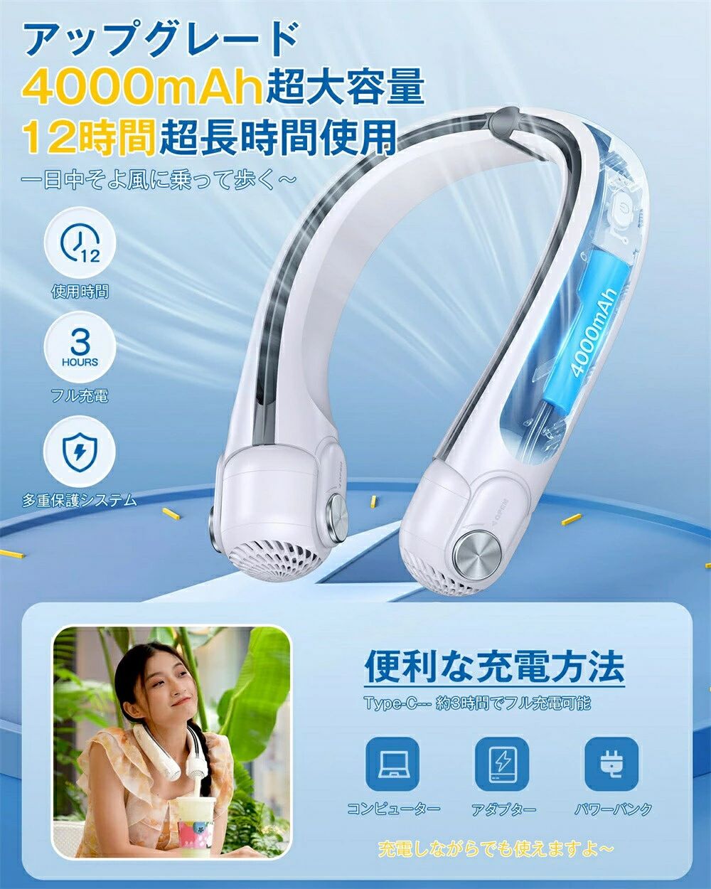 扇風機 首掛け扇風機 首掛けファン 熱中症対策 持ち運び ハンディ 4000mAh USB充電 3段階風量 携帯 ネックファン 扇風機 首掛け 12h連続送風 首かけ 扇風機 最強 接触涼感