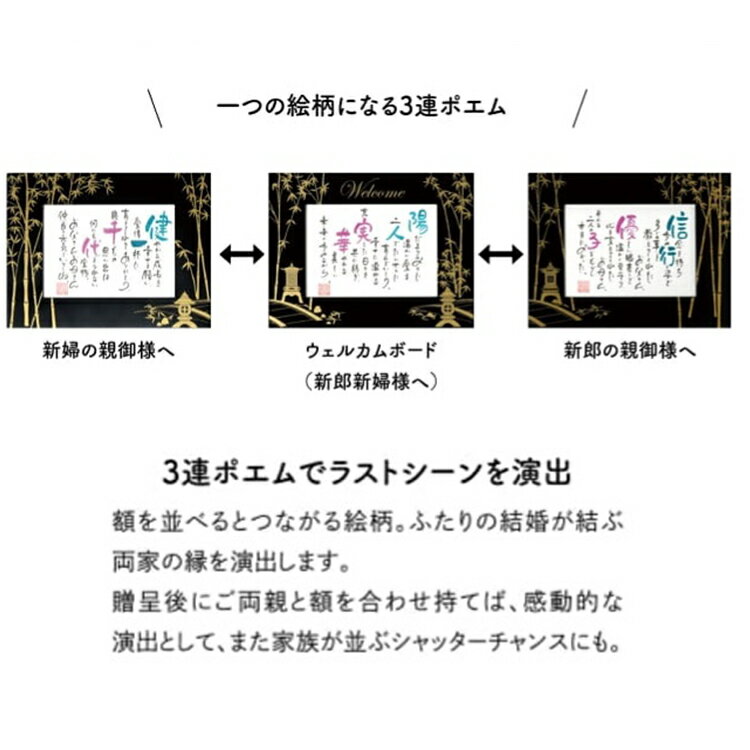 1つの絵柄になる三連のネームインポエム「夢の架け橋」 ウェルカムボード ウェディング 親ギフト 両親贈呈用 花束進呈 結婚式 名入れ 詩 記念品 和婚 和装 神前