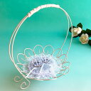 サーバーバスケットのリングピロー完成品 L サムシングブルーのレースのリングクッション 結婚式 ワイヤー製カゴ 持ち手付き かご型