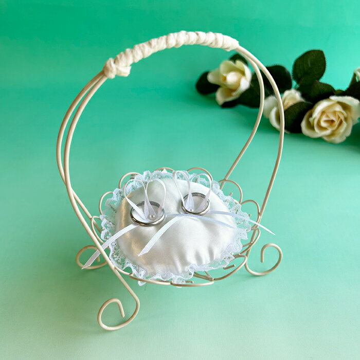 サーバーバスケットのリングピロー完成品 S パール付きリングクッション 結婚式 ワイヤー カゴ かご 持ち手つきのサムネイル