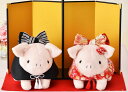 綿 針 糸 毛氈 金屏風付き和装ピンクとんちゃんウェルカムドール手作りキット（黒い羽織と赤い着物）結婚式 ぶた ぬいぐるみ ウェディング ピッグ
